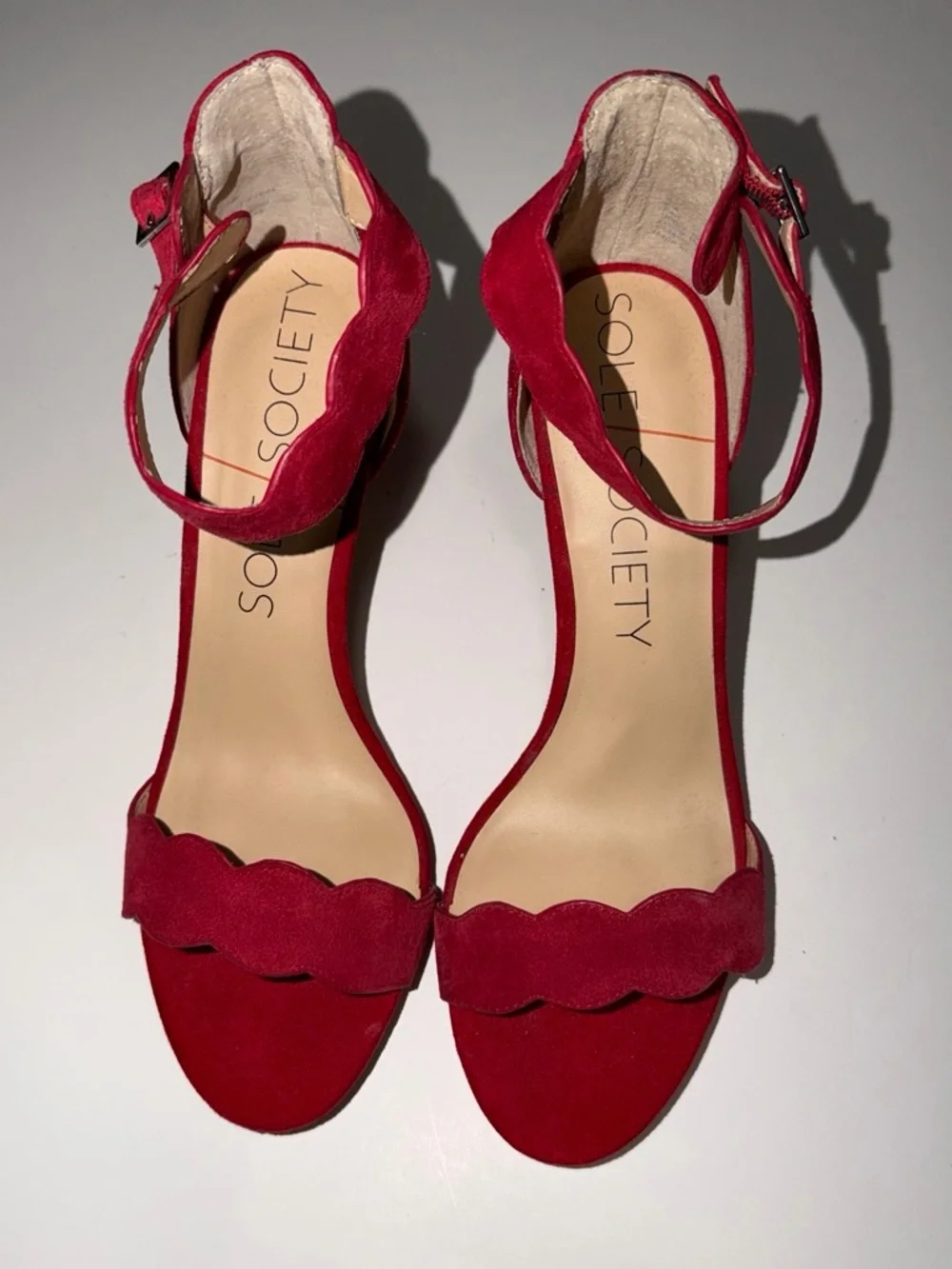 Sole Society Red Scalloped Suede Ankle-Strap Heels
